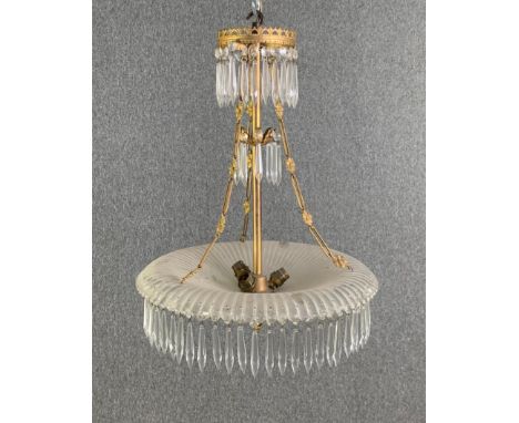 A vintage gilt metal and crystal glass ceiling chandelier. H.57cm 