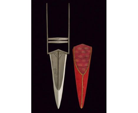 dating: 19th Century provenance: India, Straight, double-edged blade, in damask wootz, of triangular shape, ribbed and enlarg