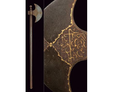 dating: 19th Century provenance: Indopersia, Entirely made of iron; convex-edged axe, cartouches with gilt, Arabic writings a