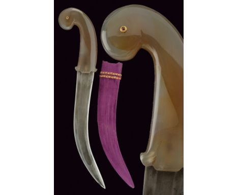 dating: 19th Century provenance: India, Curved, double-edged blade of fine damask, with central groove; green jade grip, the 