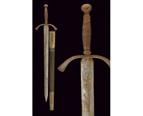 dating: 19th Century provenance: Italy, Wide, double-edged blade engraved with floral motifs at the ends; iron hilt, sagging 