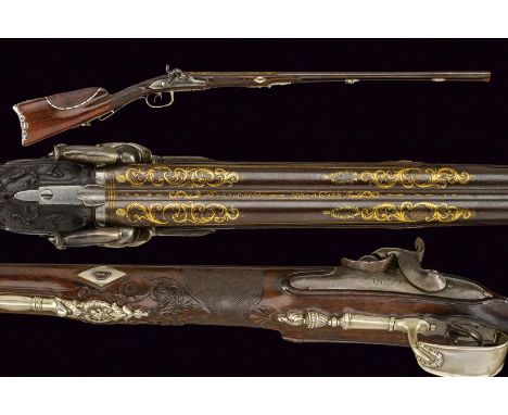 dating: circa 1800 provenance: Caen, Round, smooth-bore, 14 mm cal. barrels, first part richly gilded with floral motifs and 
