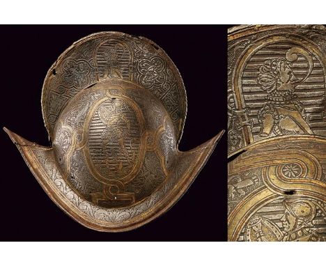 dating: circa 1600 provenance: Italy, Light skull, in two pieces, with medium-high comb and twisted border, brim, base with r