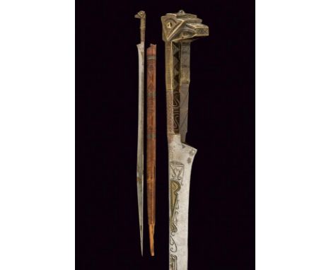 dating: Late 19th Century provenance: Morocco, Long, single-edged blade with geometrical engravings, partially inlaid in bras