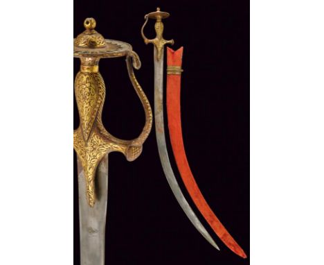 dating: circa 1800 provenance: India, Strongly curved, single-edged blade, gold inlaid at the forte with a cartouche picturin