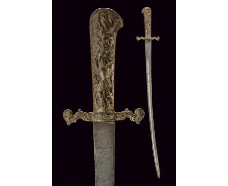 dating:  provenance: France, Curved, single-and false-edged blade with large central fuller and thin groove on the back, firs