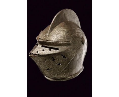dating: circa 1600 provenance: Germany, Skull in one piece with medium-high, twisted comb, sides with two, embossed bands and