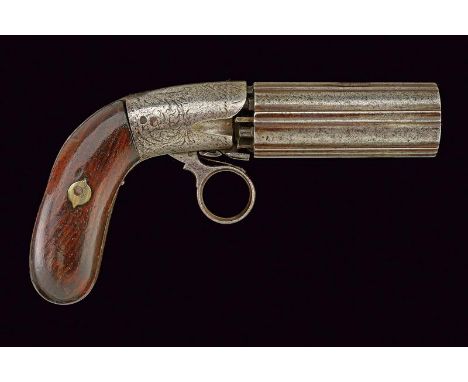 dating: Mid 19th Century provenance: Europe, Six-shot, 8 mm cal. cylinder-barrels, with hollowed ribs; oval frame engraved wi