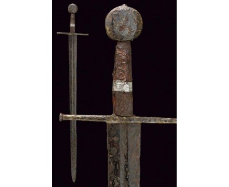 dating: late 13th Century provenance: Europe, Straight, almost parallel double-edged blade, tip of extended shape, of lenticu