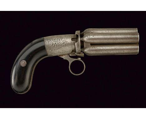 dating: Mid 19th Century provenance: France, Round, smooth-bore, 10 mm cal. barrels, in damask; oval frame engraved with flor