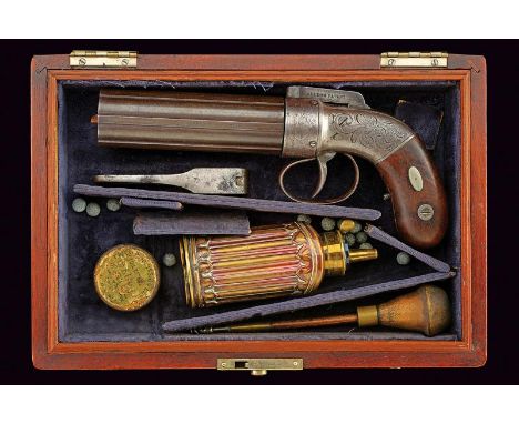 dating: 1840 circa provenance: USA, Six-shot, 8 mm cal. cylinder-barrels, smooth-bore, with rib, marked 'ALLEN & THURBER WORC