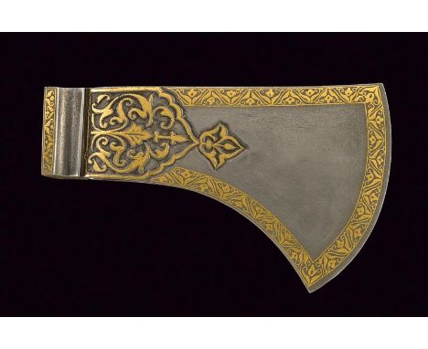 dating: 19th Century provenance: Indopersia, Strong and thick, convex-edged axe, in damask, sharpened downwards. With frame a