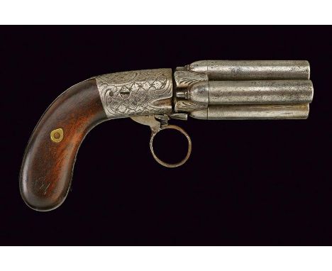 dating: Mid 19th Century provenance: Belgium, Round, smooth-bore, 9 mm cal. barrels, in rose damask; bases engraved and with 