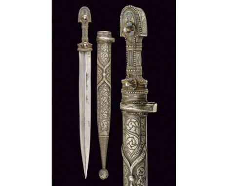 dating: circa 1900 provenance: Caucasia, Straight, double-edged blade, ribbed in the center, with elongated tip. Silver grip 