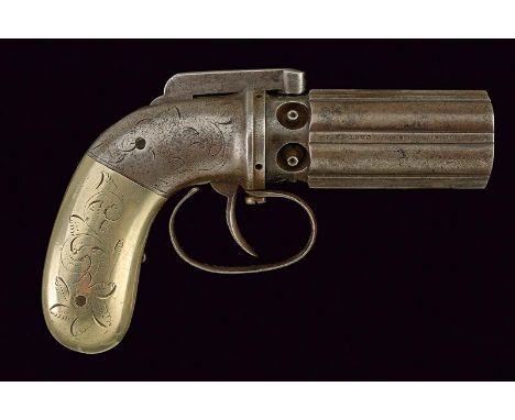 dating: 1847 provenance: USA, Six-shot, 8 mm cal. cylinder-barrels, with ribs, marked '1847 CAST STEEL'; oval, iron frame eng