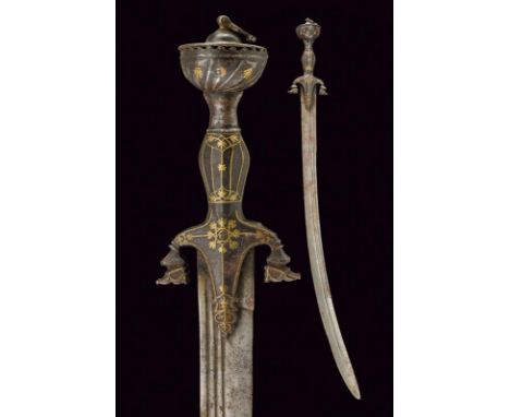 dating: Mid 19th Century provenance: India, Curved, single-and false-edged blade with double groove, stamps above the tang (o
