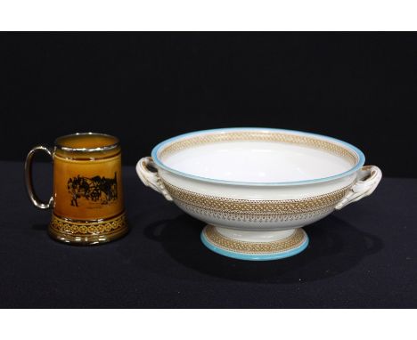 Royal Worcester tureen, the white ground with turquoise and gold coloured transfer decoration, Ridgways coaching days and coa