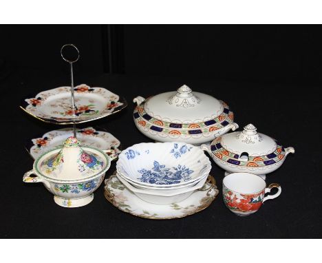 Decorative china to include Masons Strathmore sauce tureen and cover, imari pattern cake stand, tureen, teapot etc. (qty)