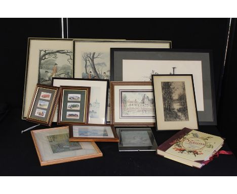 Collection of prints to include two framed hunting prints, two framed sets of three Wills cigarette cards depicting racing ca