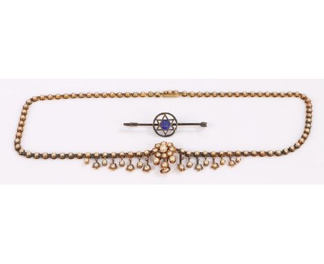 Gilt necklace with pearl decoration, sterling silver brooch with central star of David (2)