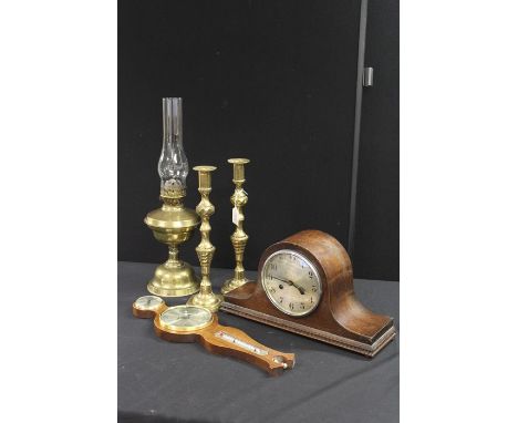 Brass oil lamp, pair of brass candlesticks, oak cased napoleon hat mantel clock, mahogany cased barometer/ thermometer/ hygro