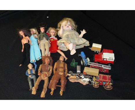 Six dolls, Corgi model horse boxes, Lesney fire engine, Britains Fordson tractor etc. (qty)