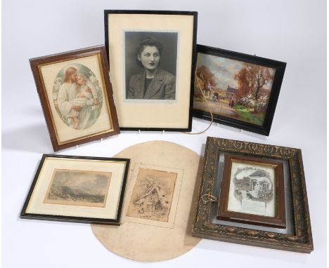Pictures, to include a Victorian sketch by F Seabey 1898, prints, a photograph pencil signed etc, (qty)