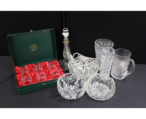 Thomas Webb set f cased glass tumblers, together with three glass bowls, a glass lamp and two glass dishes 