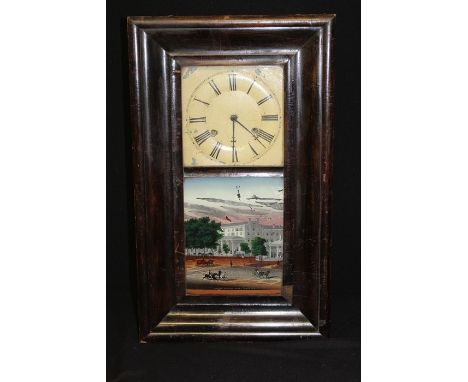 American wall clock, the glass door decorated with a print depicting the United States Hotel Saratoga