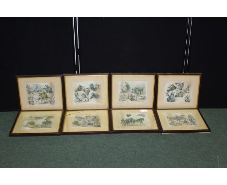 Eight Henry Alken caricature studies of horses, dogs, and figures, housed in oak gilt and glazed frames, the prints 25cm x 21
