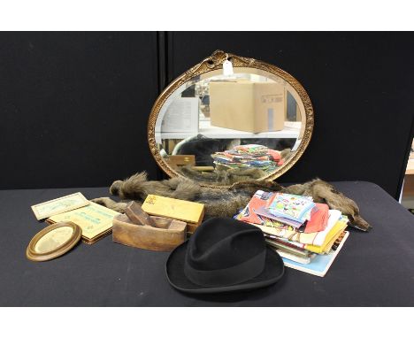Mixed objects, to include a mirror, a Lincoln Bennet hat, a fox fur, tools, etc, (qty)