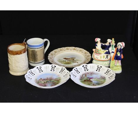 Royal Worcester Vitreous cabinet plate with depiction of a grouse in flight, two shell form ribbon plates inscribed a present