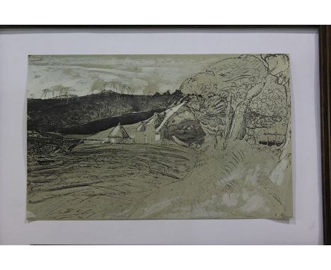 Samuel Palmer "Barn in a Valley, Sepham Farm", print, in a dark stained frame, the print  43.5cm x 27.5cm