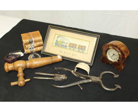 Works of Art, to include a Stevengraph, The Present time, steel sugar nips, a clock, a treen tap, etc, (qty)