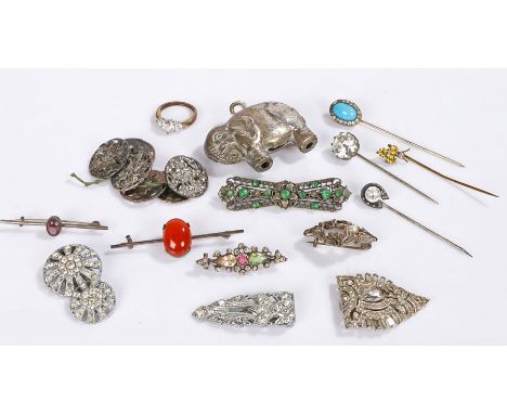 Collection of jewellery, to include stick pins, a ring, brooches, Art Nouveau buttons, an elephant rattle, etc, (qty)