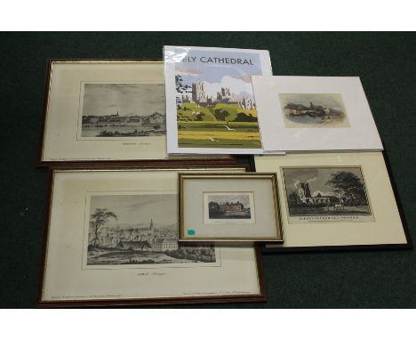 Coloured and black prints to include Seckford Hall Great Bealings, Alderton Church, Ely Cathedral, two French scenes, startin