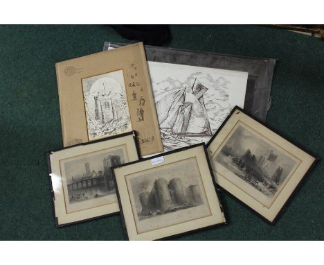 Roger Oldham, line drawing, Ingatestone Church, initialled and dated 14/7/92, the mount with line drawings of figures, the fo