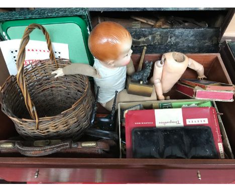 A Lot of collectables which includes wicker basket, vintage stationary items, Small dog lamp and vintage doll and parts 