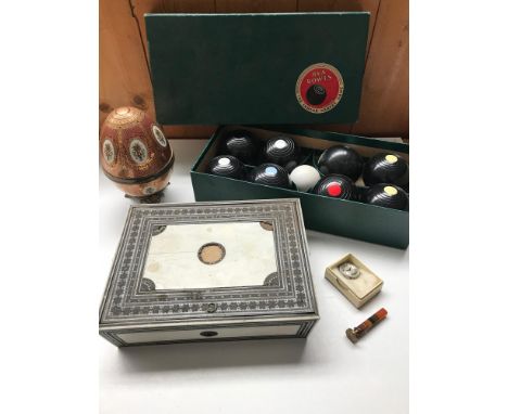 A Collection of Collectable Odds that includes Agate Handle with Brass Seal, indoor Carpet Bowls, Past Times Egg Trinket and 