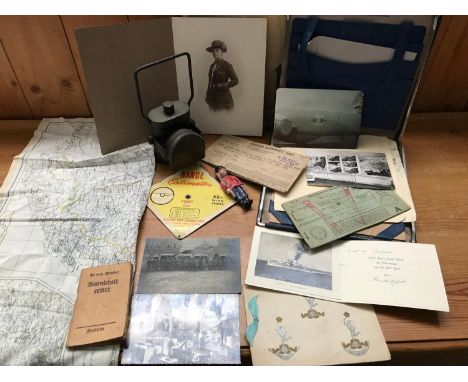 A Private Collection of War Memorabilia, to include 1940 Lucas Lamp, Personal War Photos, Greeting Cards, USA Rang Estimator,