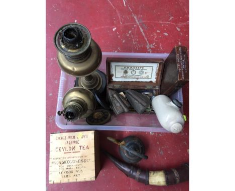 A Box of collectables which includes J &amp; P Coats advertising sewing box, two fire irons, Paraffin lamp base, vintage tea 