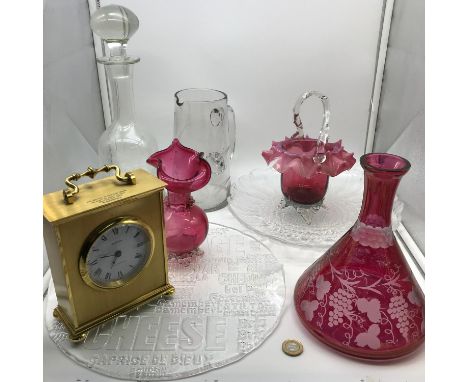 A Lot of vintage and antique art glass together with a vintage brass Angelus battery carriage clock. Includes three pieces of