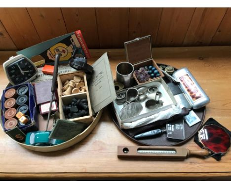 Two Trays of Vintage Collectables, that includes Dr Forbes (German Made Mercury ) Stratton Compact, Boss Shoe Stretcher Fitme
