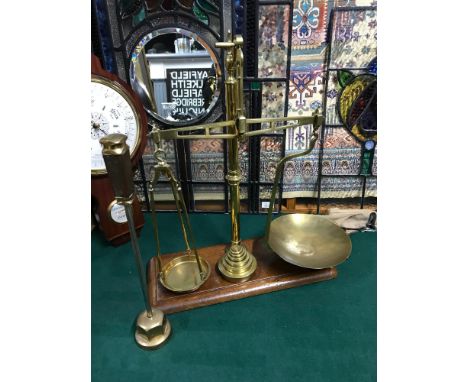 Antique White Bros &amp; Co Auchtermuchty N.B Weighing scales with original weights together with trench art style poker 