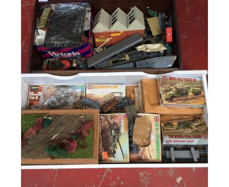 Two boxes of vintage Airfix and matchbox military model kits, some still sealed and boxed 