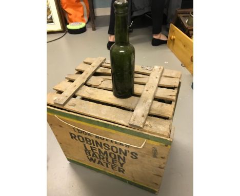 A vintage Robinson's advertising crate together with 12  'G.Thomson &amp; Son' green bottles 