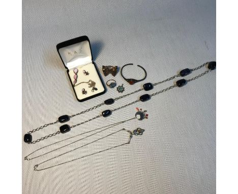 A Selection of silver and gem stone jewellery, Which includes Ortak pendant with various drop gem stones, Silver and enamel p