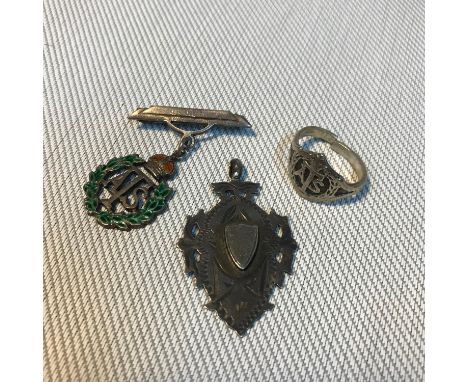 A Sterling silver and enamel Auxiliary Territorial service corps brooch, Ring &amp; Birmingham silver fob medal. 