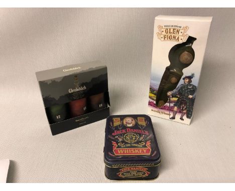 A lot of 3 full, sealed and boxed Whiskys. Glenfiddich 12/15/18 year old scotch malt, Glen Fiona scotch whisky and 2 boxed Ja