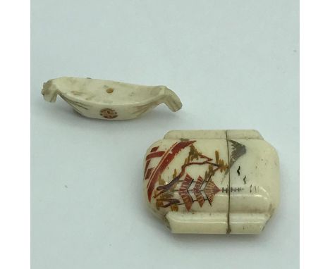 An early 19th century small Chinese Inro, hand painted with pagoda and mountain scene, Together with a small boat shaped item